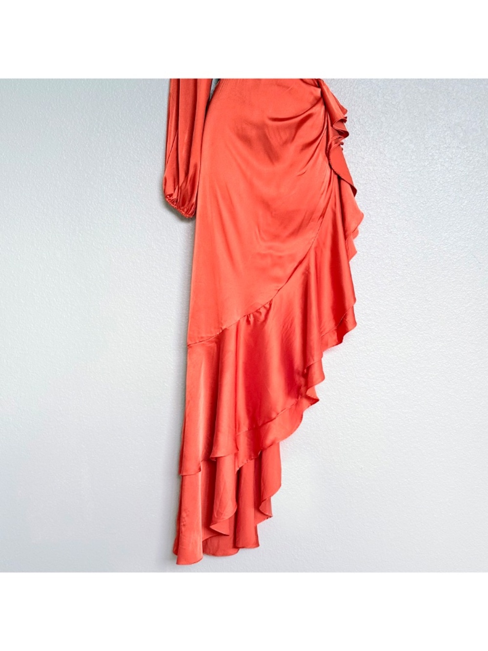 Sultry Flamenco Orange Satin One Shoulder Cutout Ruffle Formal Gown Luxxel Sz M - Picture 5 of 17